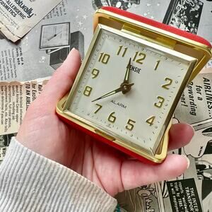 Vintage 1950s Rensie Red Travel Alarm Clock Japan Brass Folding Case Working